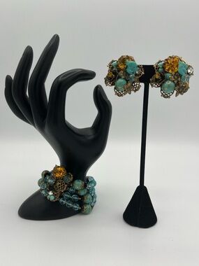 Unsigned Miriam Haskell Robin's Egg Blue Four-Strand Bracelet & Filigree Earring